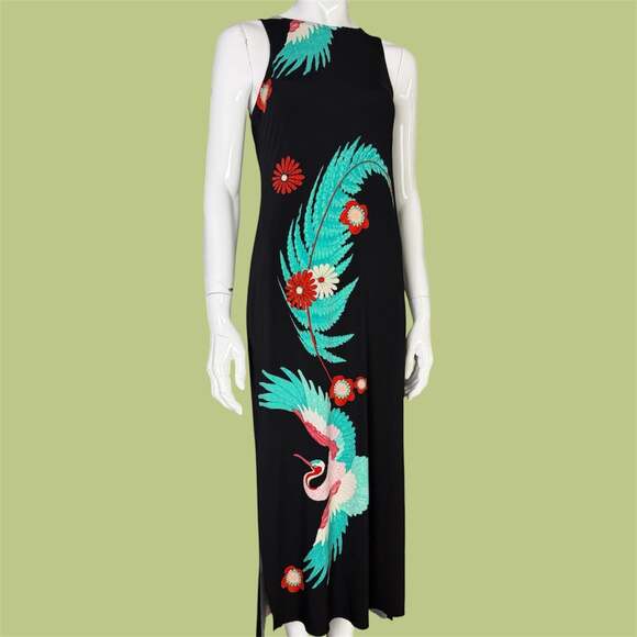 Eva Varro Dresses & Skirts - Vintage Eva Varro Slinky Floral Crane Japanese Inspired Maxi Dress